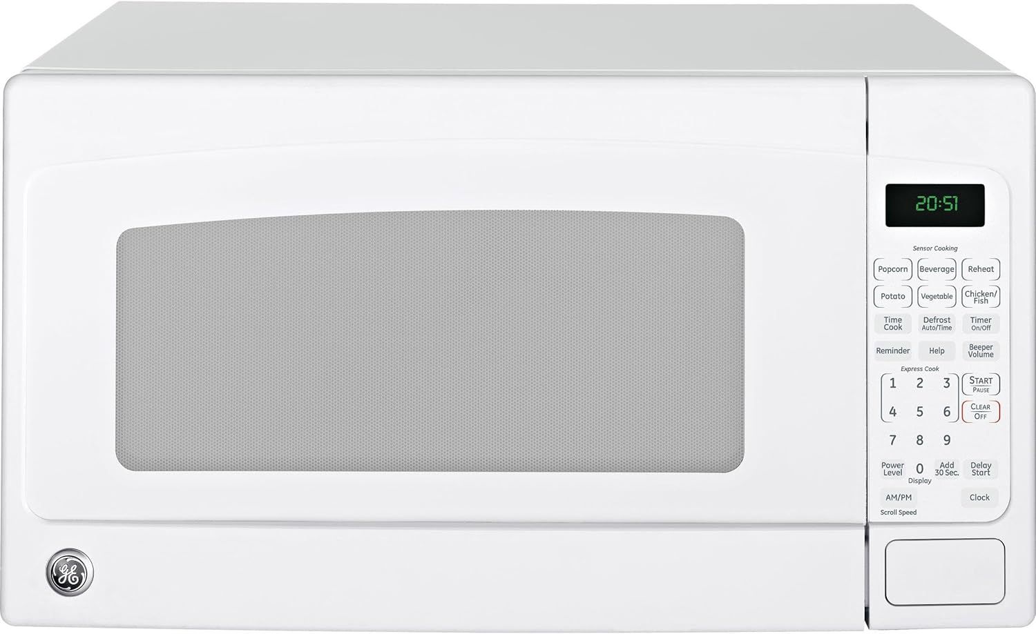 GE 2.0 cu. ft. countertop microwave with sensor cooking, defrost, and digital control panel.