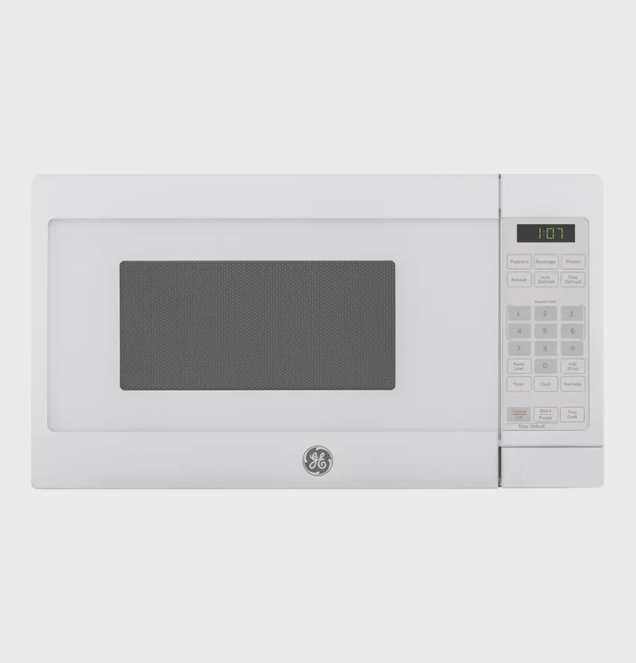 GE 0.7 Cu. Ft. countertop microwave oven in white with convenience cooking controls and compact design