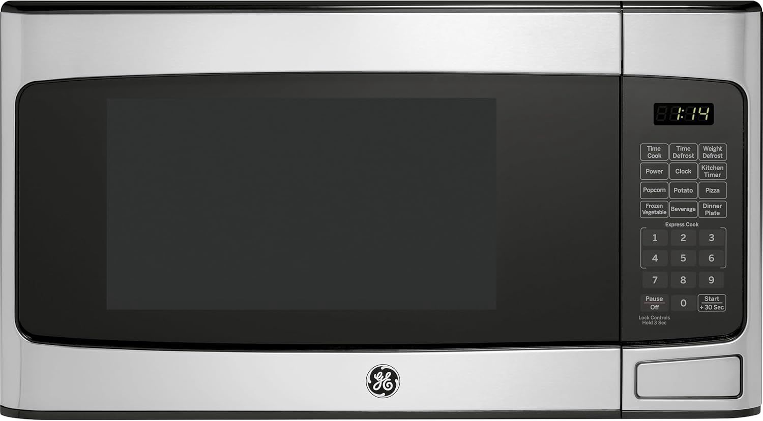 GE 1.1 Cu. Ft. countertop microwave with digital display and black finish.