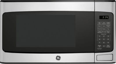 GE 1.1 Cu. Ft. countertop microwave with digital display and black finish.