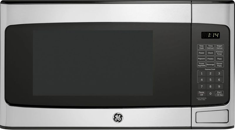 GE 1.1 Cu. Ft. countertop microwave with digital display and black finish.