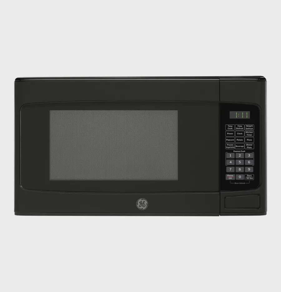 GE 1.1 cu. ft. black countertop microwave with digital display and convenience cooking controls.