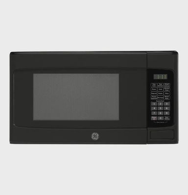 GE 1.1 cu. ft. black countertop microwave with digital display and convenience cooking controls.