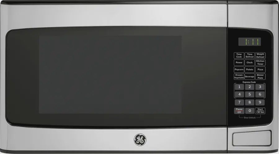 GE 1.1 cu. ft. countertop microwave in black finish with digital controls and LED display.