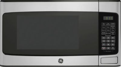 GE 1.1 cu. ft. countertop microwave in black finish with digital controls and LED display.