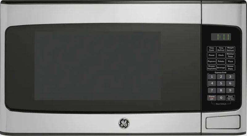 GE 1.1 cu. ft. countertop microwave in black finish with digital controls and LED display.