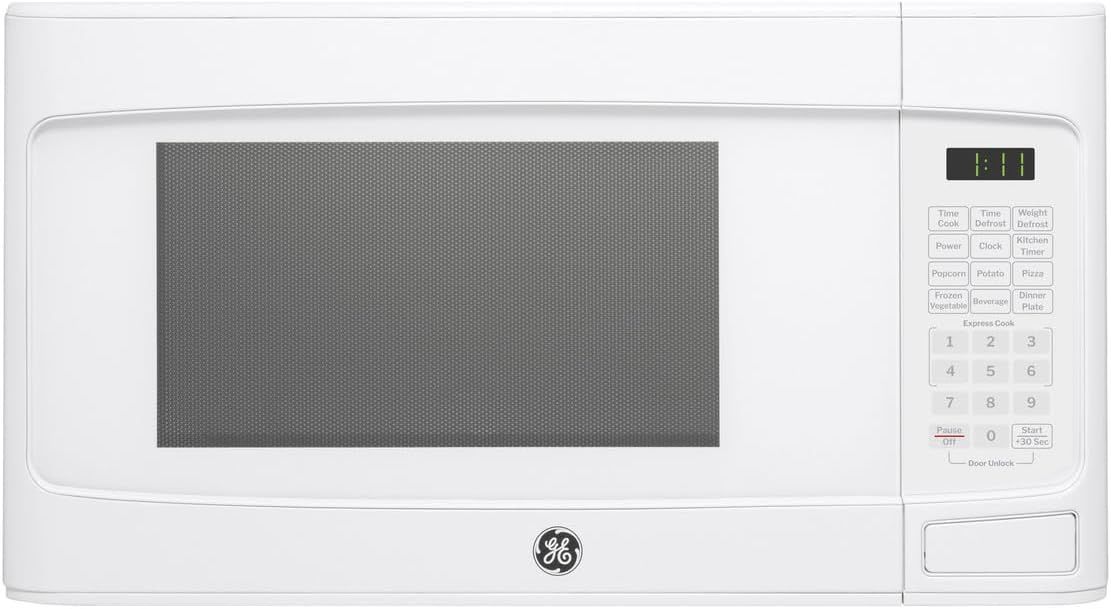 GE 1.1 Cu. Ft. countertop microwave oven in white with digital controls