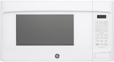 GE 1.1 Cu. Ft. countertop microwave oven in white with digital controls