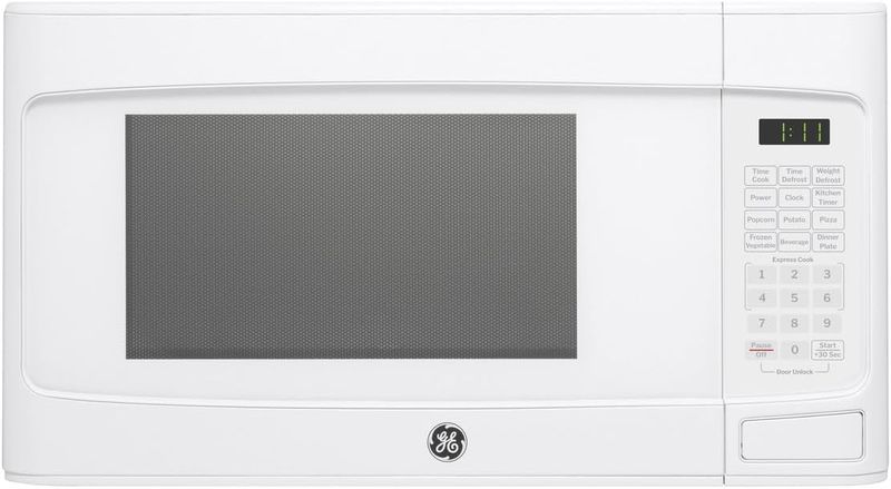 GE 1.1 Cu. Ft. countertop microwave oven in white with digital controls