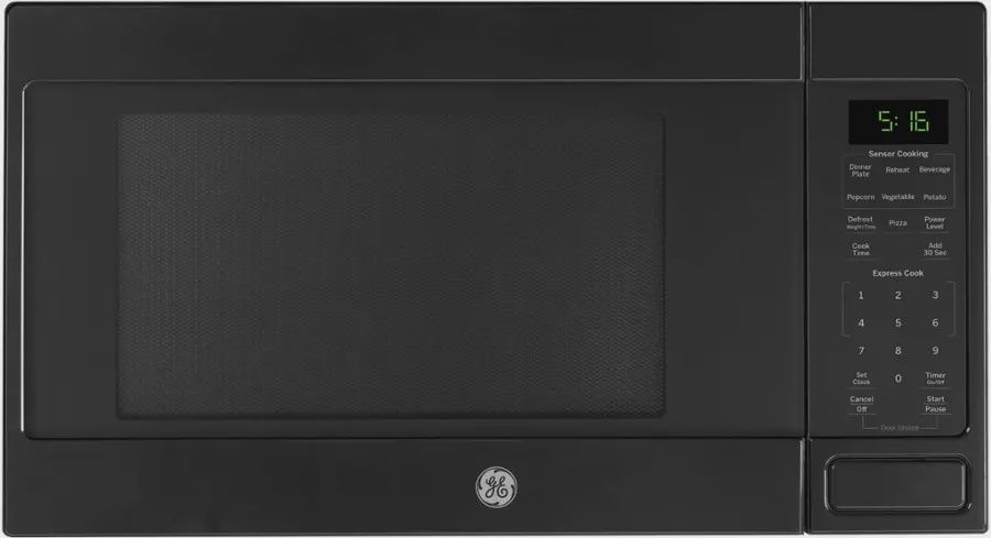 Black GE 1.6 cu. ft. countertop microwave with sensor cooking and digital control panel