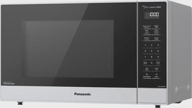 Side profile of the Panasonic SN65KW microwave highlighting its compact depth and inverter cooking system.