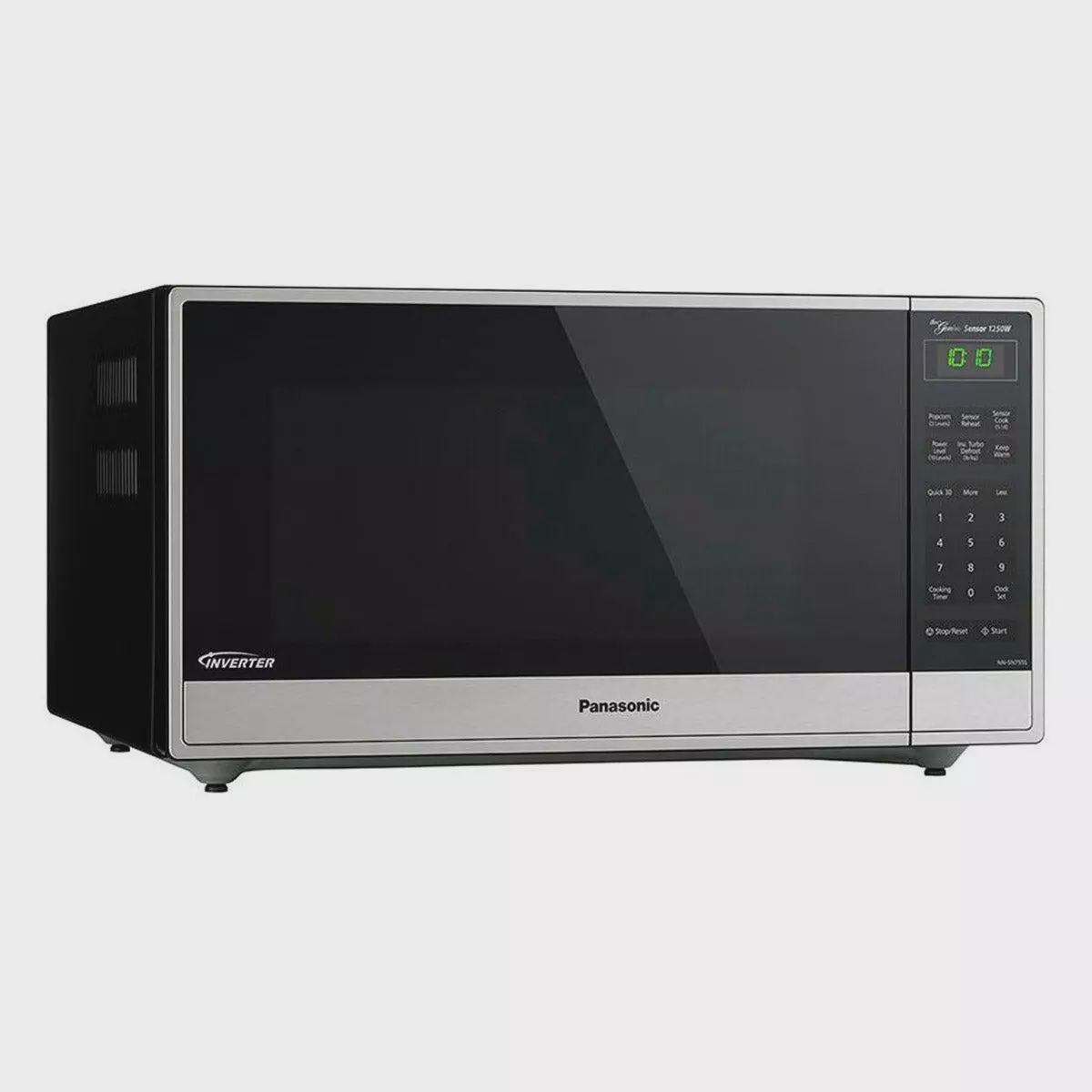 Panasonic 1.6 cu. ft. countertop microwave in stainless steel finish, showcasing its sleek design and control panel.