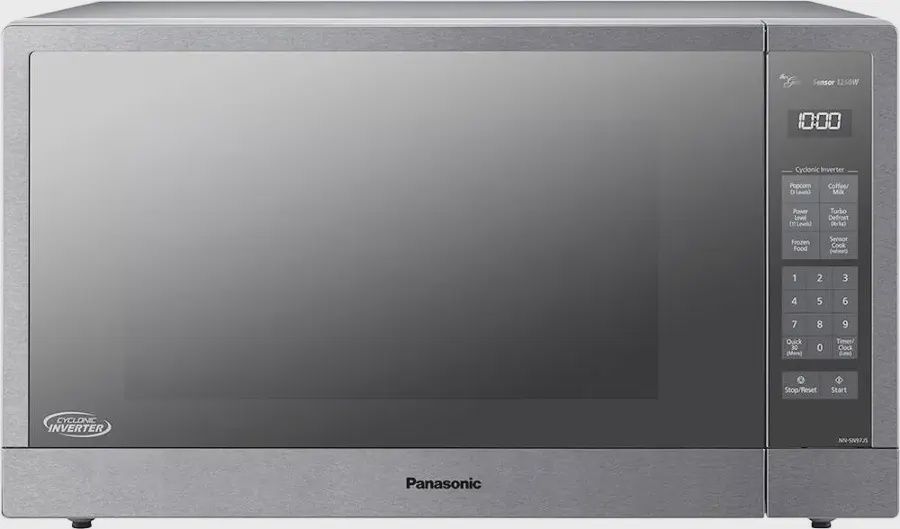 Panasonic SN97JS 2.2 cu. ft. microwave with stainless steel finish, control panel, and door handle.