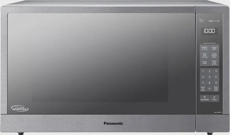 Panasonic SN97JS 2.2 cu. ft. microwave with stainless steel finish, control panel, and door handle.