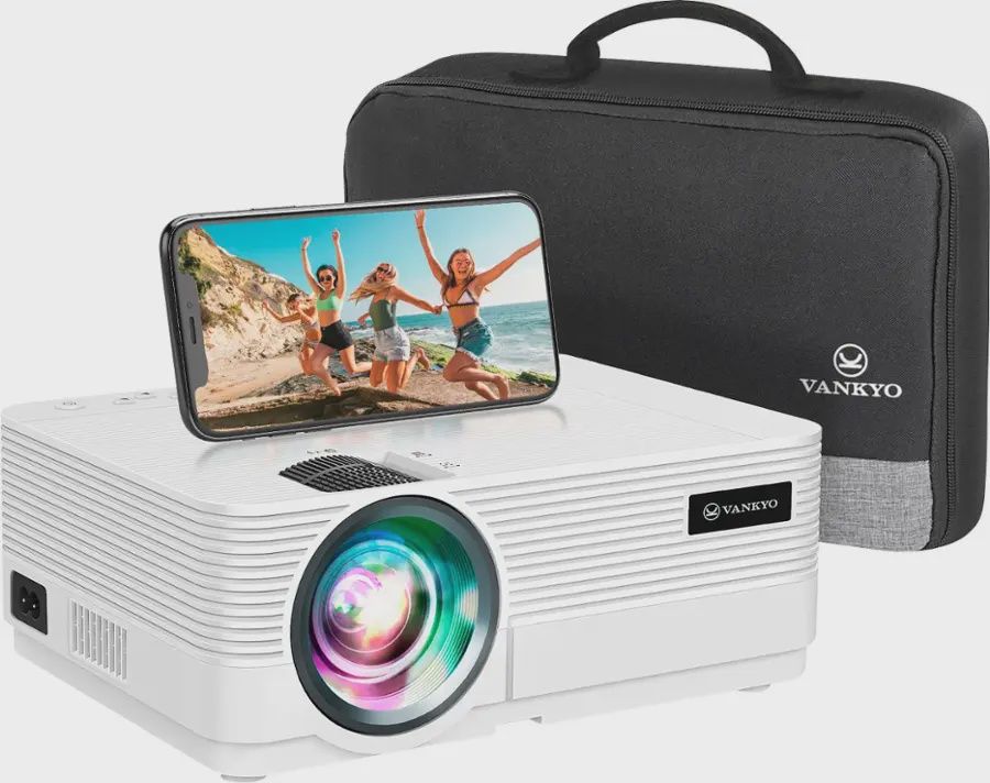 Vankyo Leisure 470 Pro 1080P projector – angled diagonal view showcasing projector and case