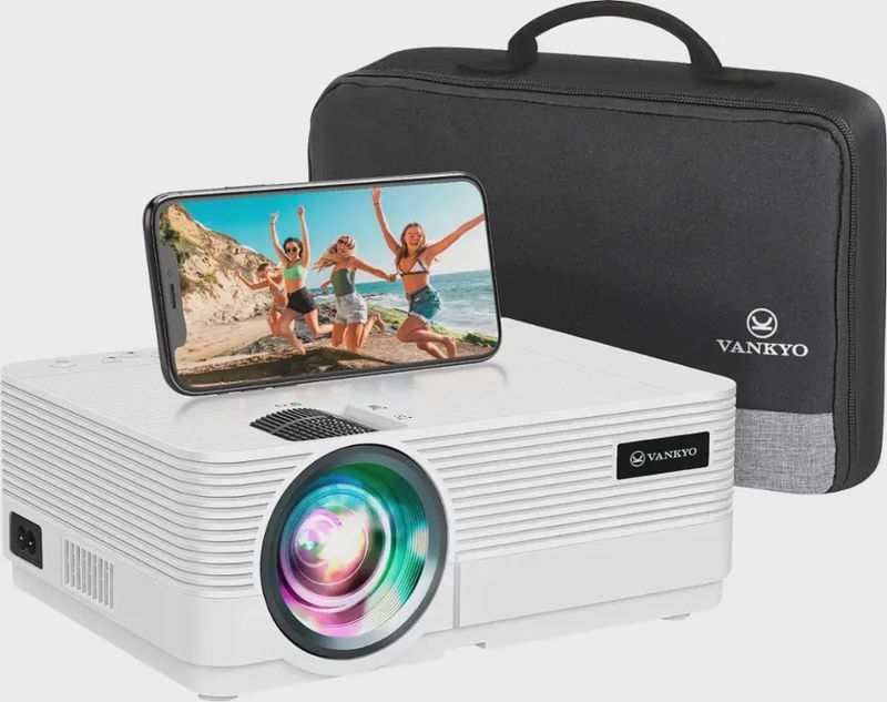 Vankyo Leisure 470 Pro 1080P projector – angled diagonal view showcasing projector and case