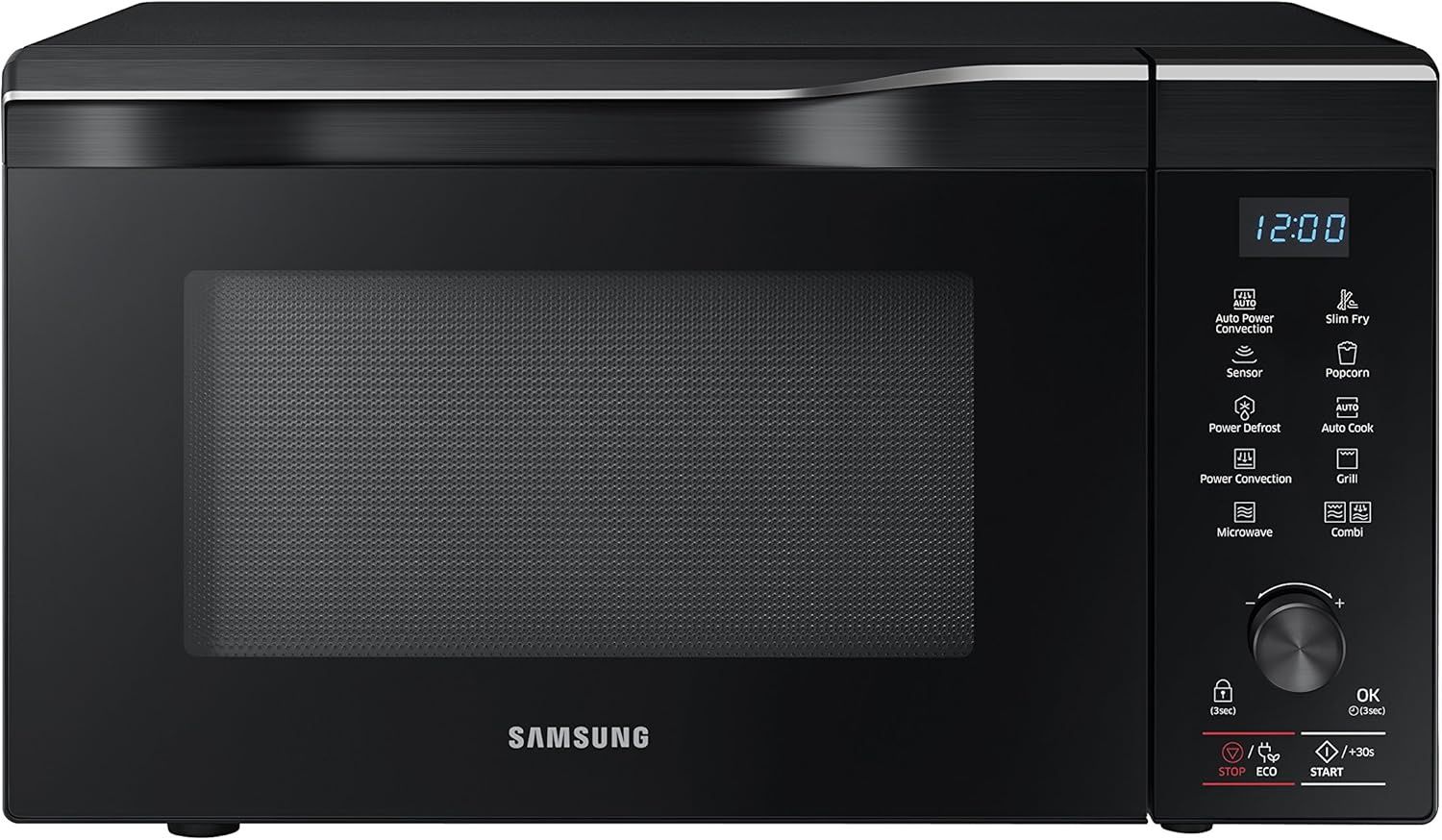 Samsung 1.1 Cu Ft PowerGrill countertop microwave oven in black stainless steel with PowerGrill heating element.