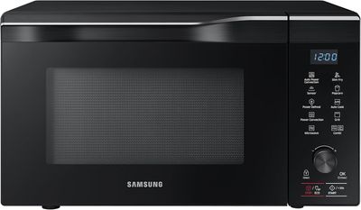 Samsung 1.1 Cu Ft PowerGrill countertop microwave oven in black stainless steel with PowerGrill heating element.