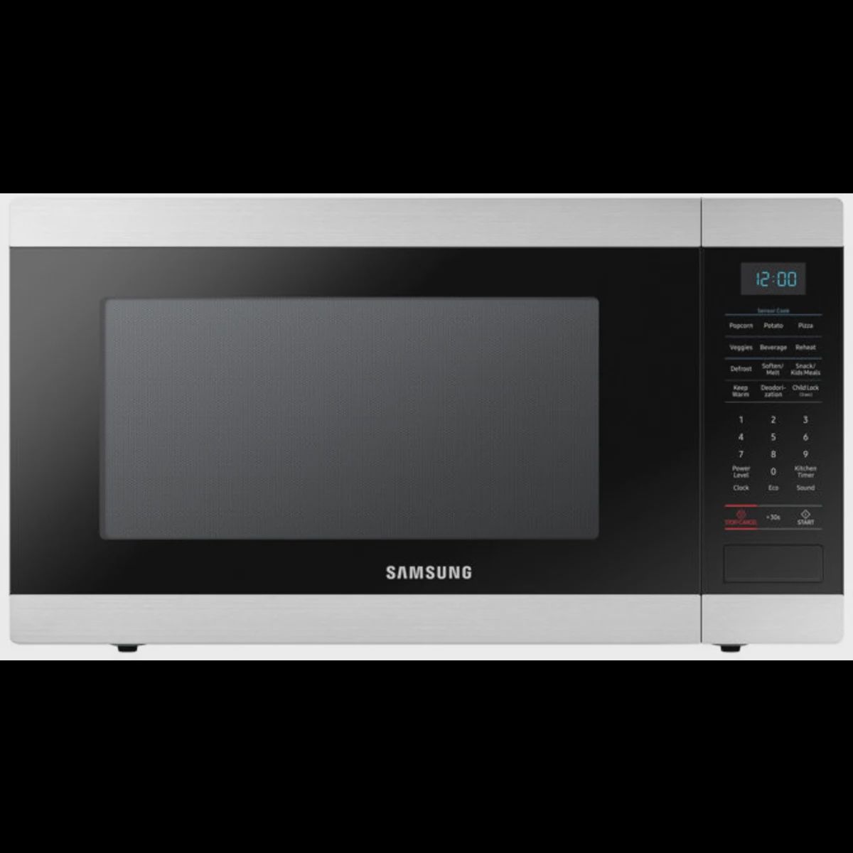 Samsung 1.9 Cu Ft Countertop Microwave with Sensor Cook in stainless steel finish.
