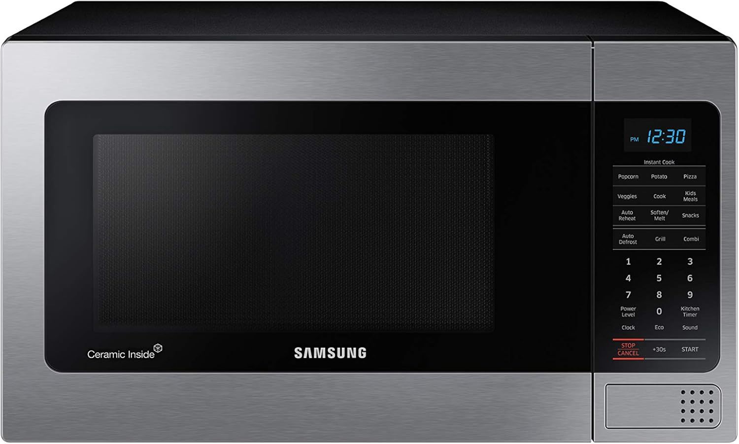 Front view of the Samsung 1.1 Cu Ft Countertop Microwave Oven showing the control panel and door.