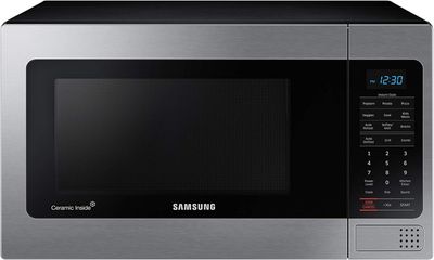 Front view of the Samsung 1.1 Cu Ft Countertop Microwave Oven showing the control panel and door.
