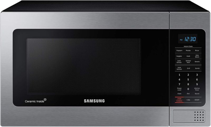 Front view of the Samsung 1.1 Cu Ft Countertop Microwave Oven showing the control panel and door.
