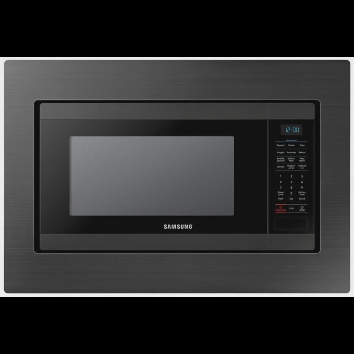 Samsung 30-inch black stainless trim kit installed around a microwave, showcasing a built-in, integrated appearance.