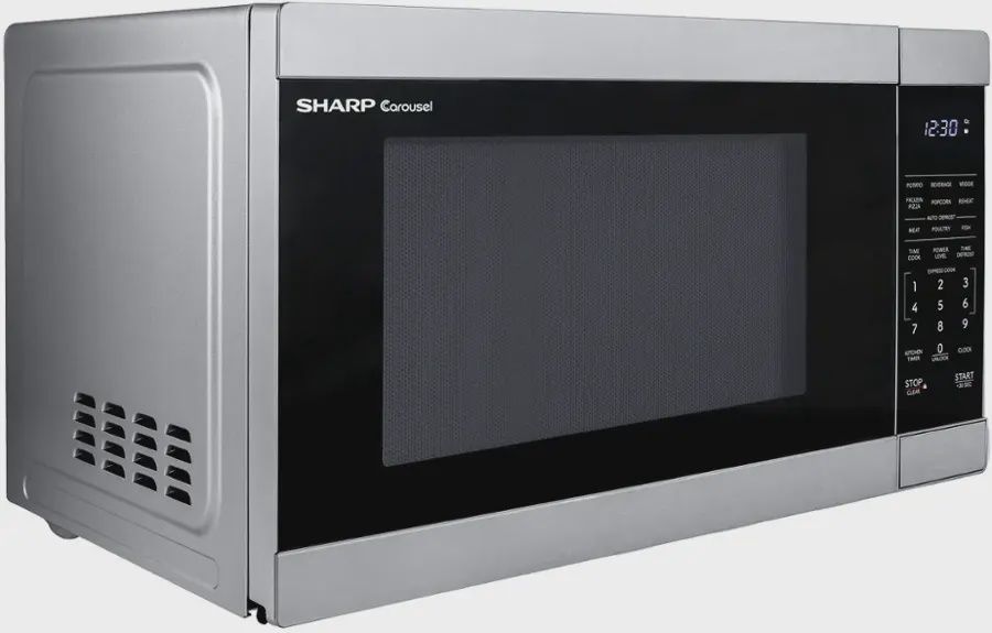 Side view of Sharp countertop microwave showing its sleek design and vents.