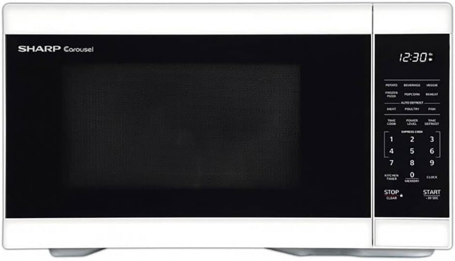 Sharp 1.1 cu. ft. White Countertop Microwave Oven with sleek exterior and digital control panel.