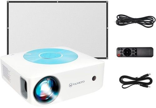 Vankyo Leisure E30TBs 1080p projector – diagonal view showcasing lens, remote and cables