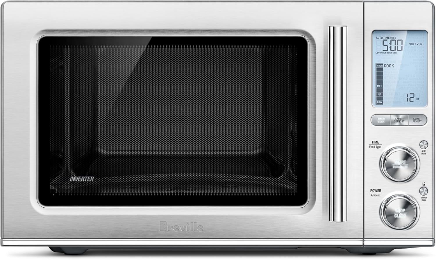Breville The Smooth Wave 1.2 Cu. Ft. Microwave in stainless steel finish, showing control panel and handle.