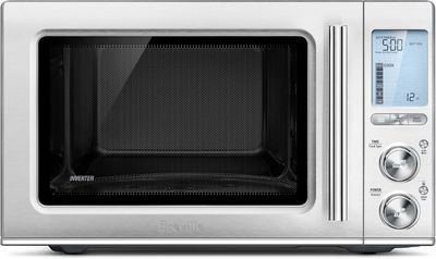 Breville The Smooth Wave 1.2 Cu. Ft. Microwave in stainless steel finish, showing control panel and handle.