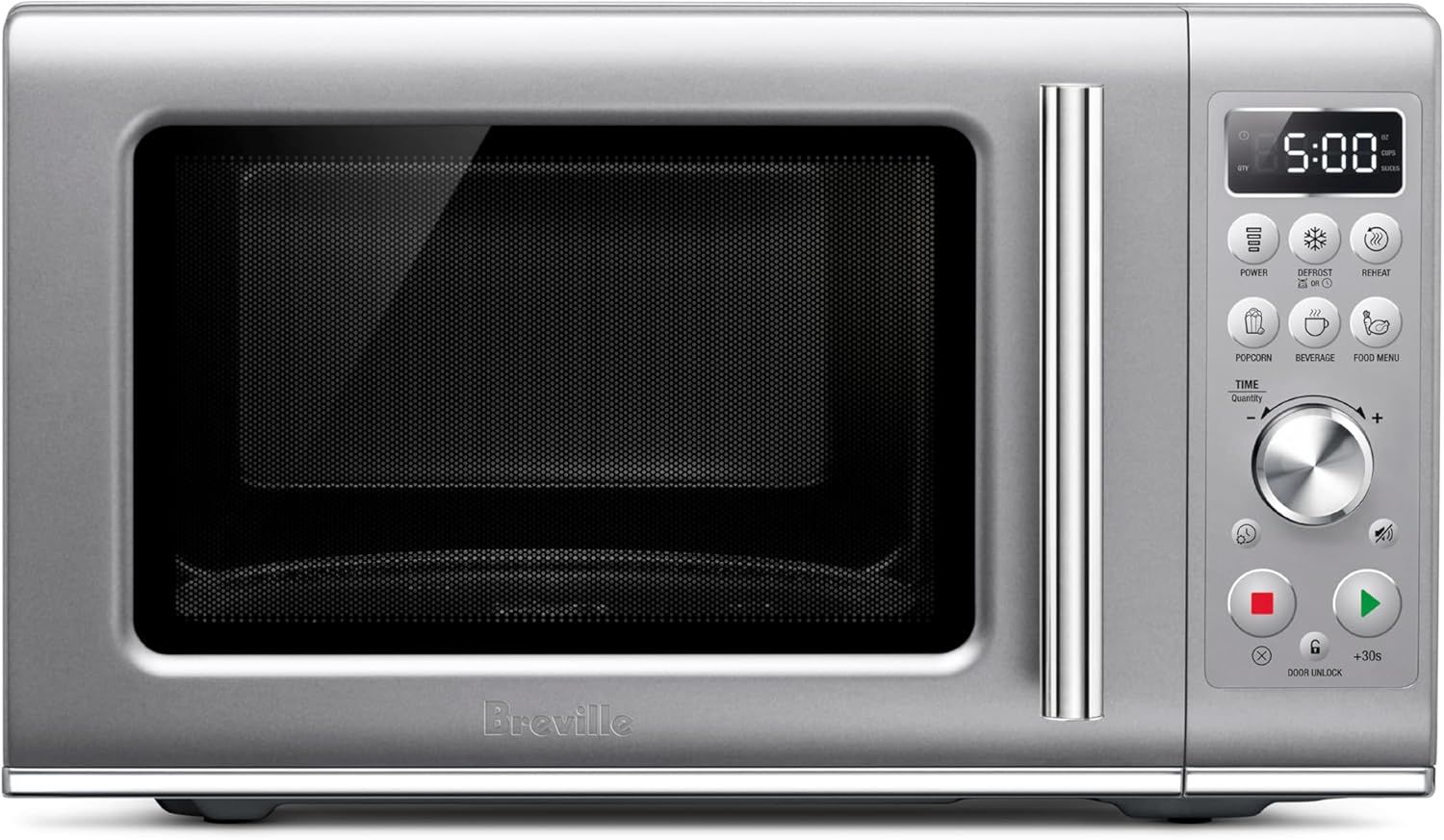 Front view of the Breville BMO650SIL Compact Wave microwave oven with soft-close door and stainless steel finish