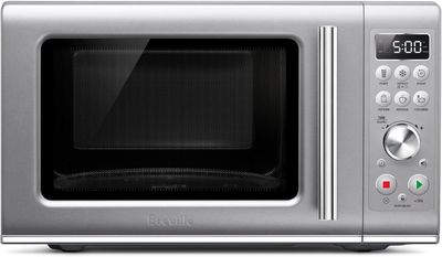 Front view of the Breville BMO650SIL Compact Wave microwave oven with soft-close door and stainless steel finish