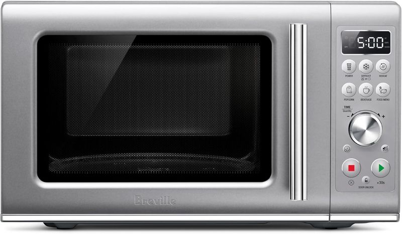 Front view of the Breville BMO650SIL Compact Wave microwave oven with soft-close door and stainless steel finish
