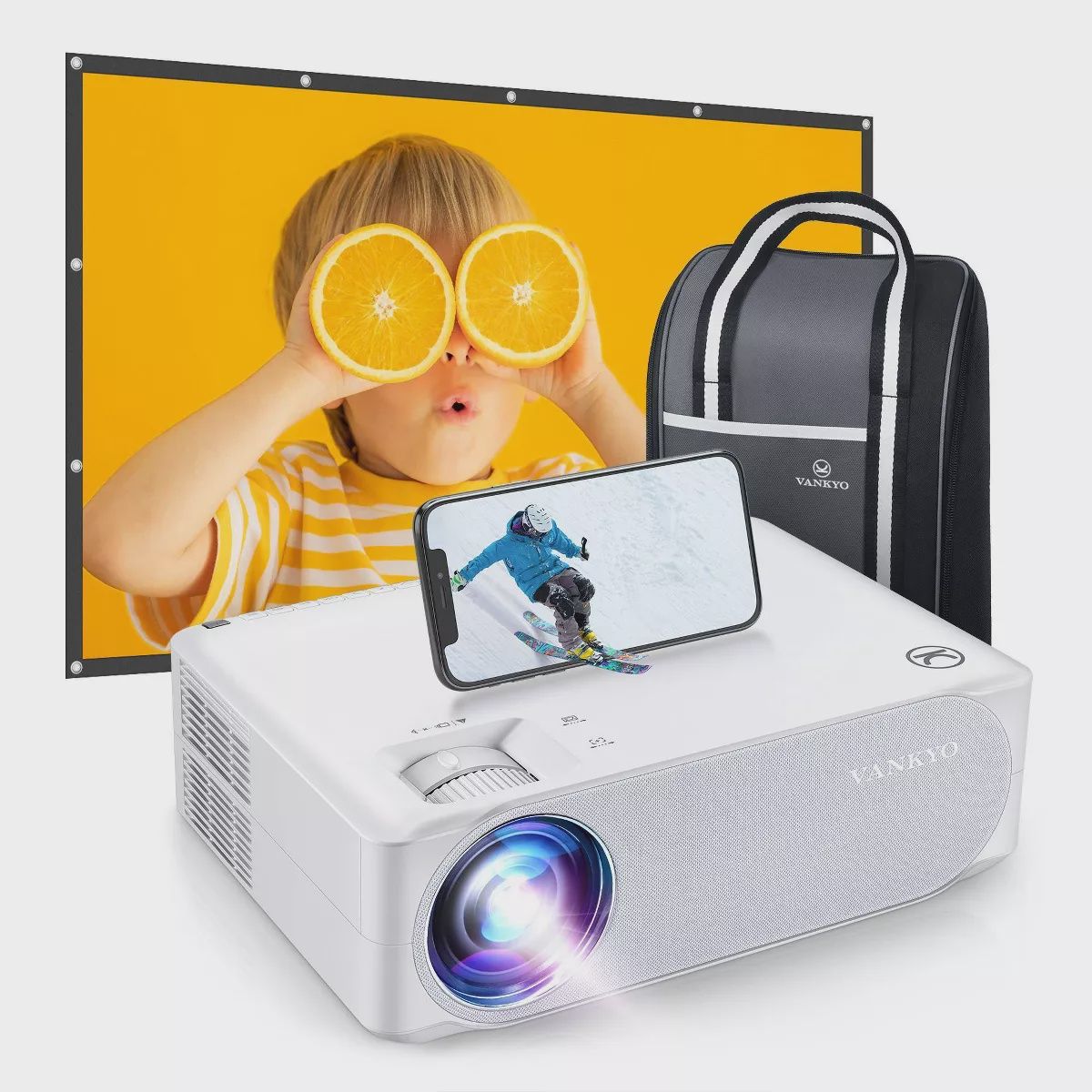 Vankyo V630W 1080P projector placed beside its carrying case – compact and travel-ready design