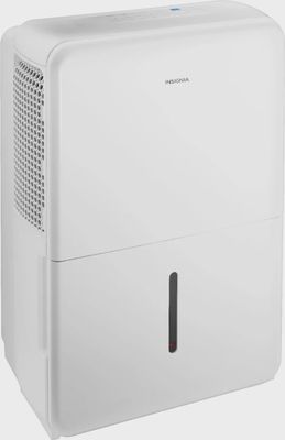Side view of the Insignia 35-Pint Dehumidifier showing air vents and compact design.