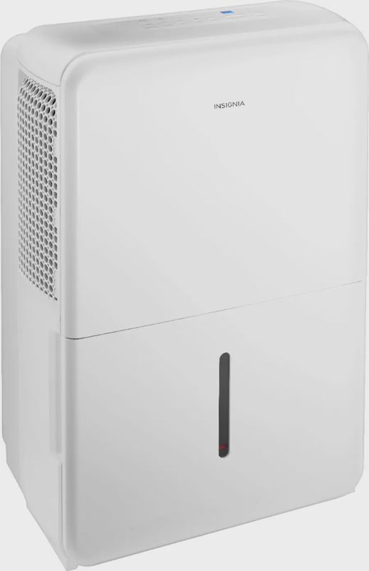 Side view of the Insignia 35-Pint Dehumidifier showing air vents and compact design.