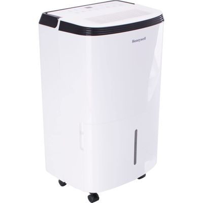 Honeywell 50 Pint Energy Star Dehumidifier in white with digital control panel and water tank.