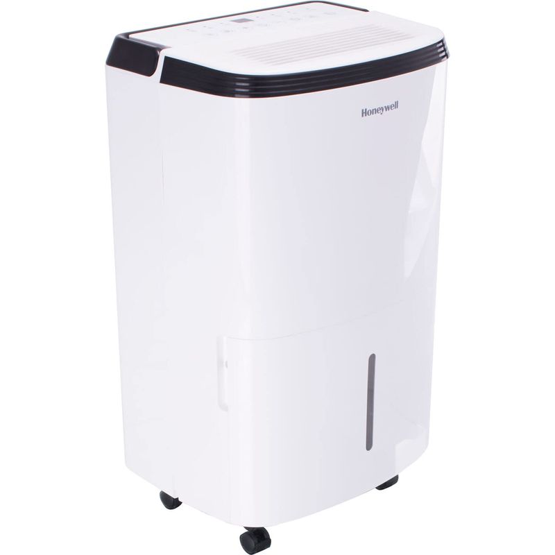 Honeywell 50 Pint Energy Star Dehumidifier in white with digital control panel and water tank.