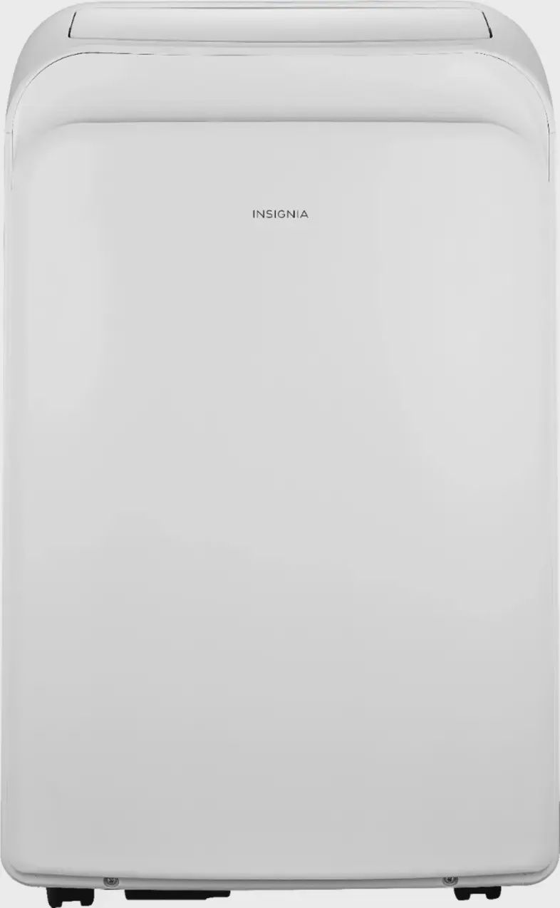 Front view of the Insignia 250 Sq. Ft. Portable Air Conditioner showing control panel and air intake vents.