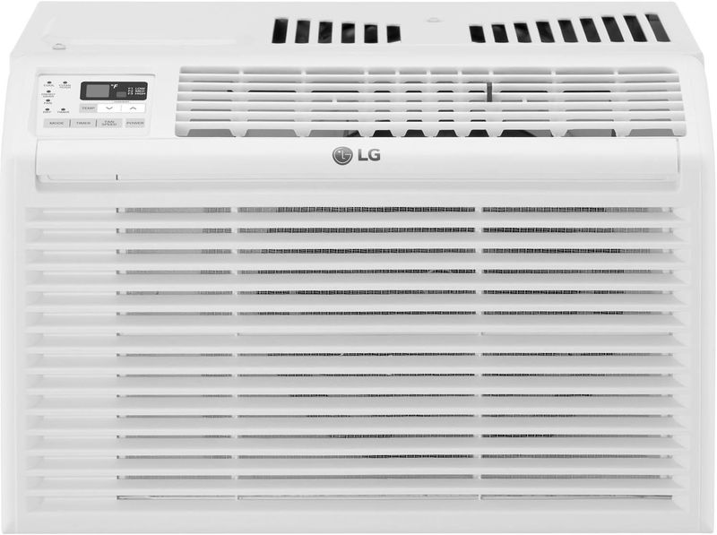 Front view of LG 6,000 BTU window air conditioner showing grille, control panel, and included remote.