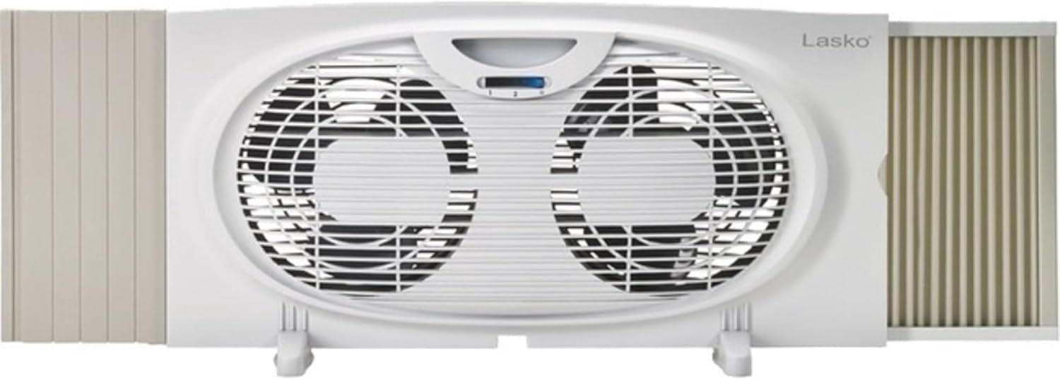 Front view of Lasko Twin Window Fan showing dual 9&quot; blades in white housing.