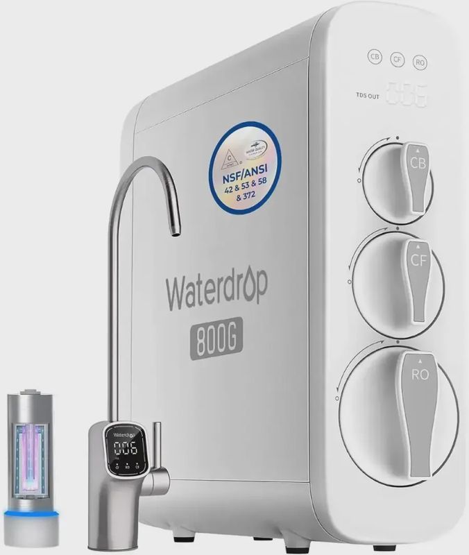 Front view of the Waterdrop 800GPD Tankless Reverse Osmosis Water Filter showing the compact white unit with digital display.