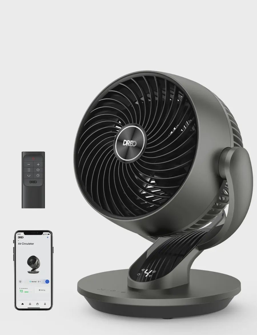 Dreo smart desk fan with sleek black design, powerful air circulation up to 70 feet