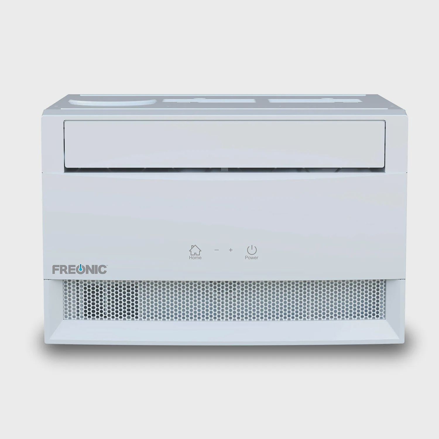 Front view of Freo 12,000 BTU window air conditioner with control panel