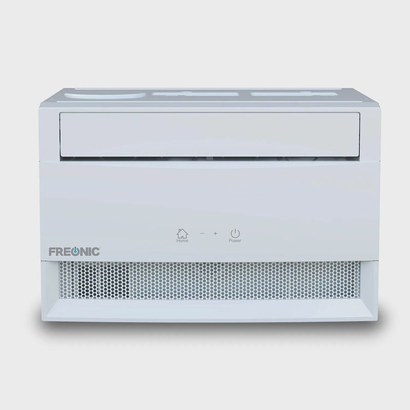 Front view of Freo 12,000 BTU window air conditioner with control panel