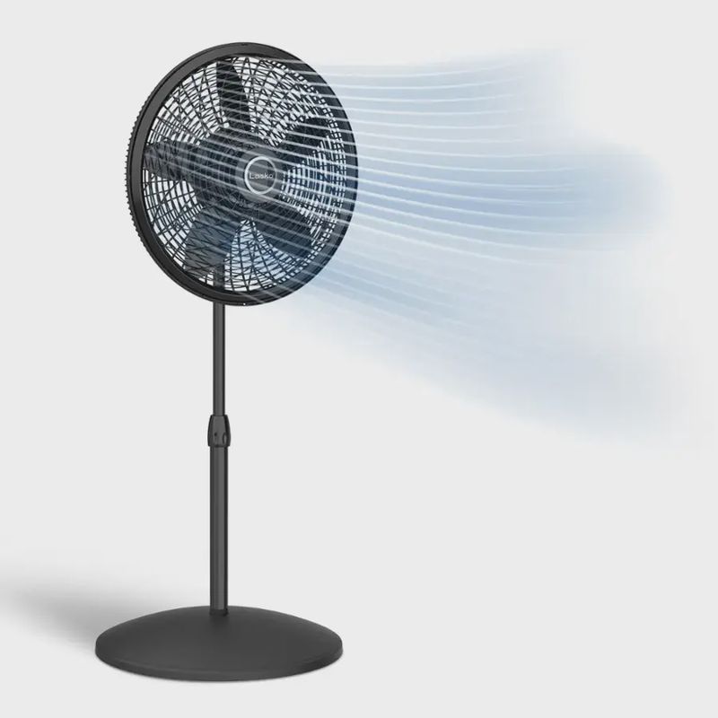 Front view of Lasko 18&quot; oscillating pedestal fan showing circular grille and control dial on the base.