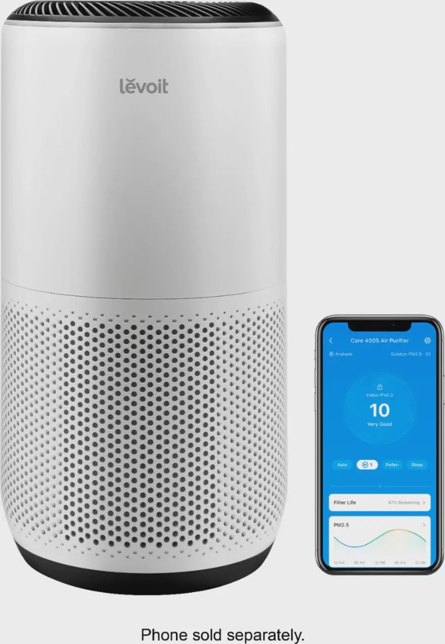 Levoit PlasmaPro 400S Air Purifier next to a smartphone displaying the connected app interface.