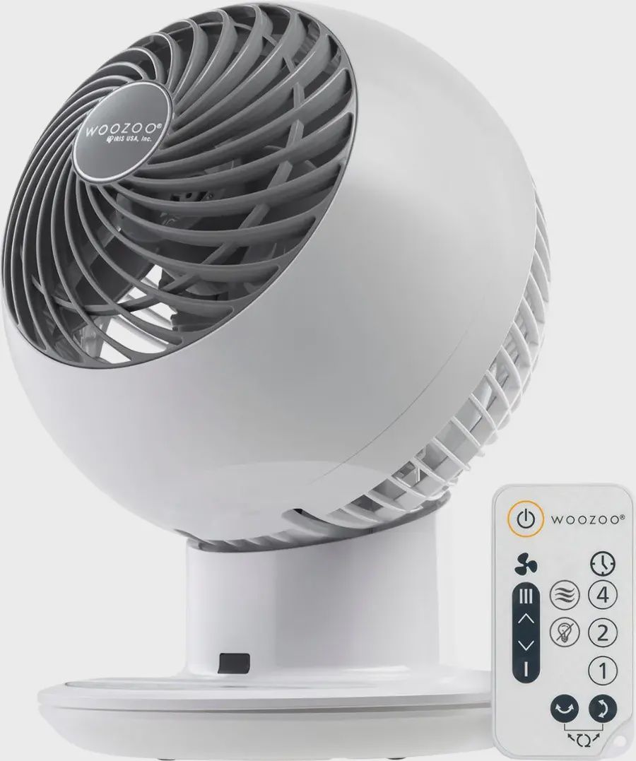 WOOZOO compact globe oscillating fan in white, front-facing, showcasing the protective grille.